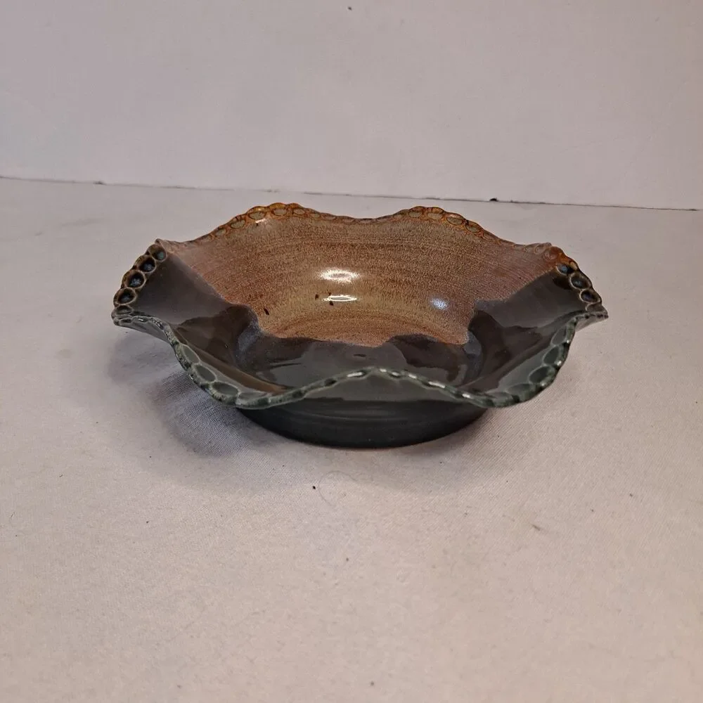Handmade Studio Art Pottery Scalloped Bowl Marked BVP K2 Brown Blue 7-1/4